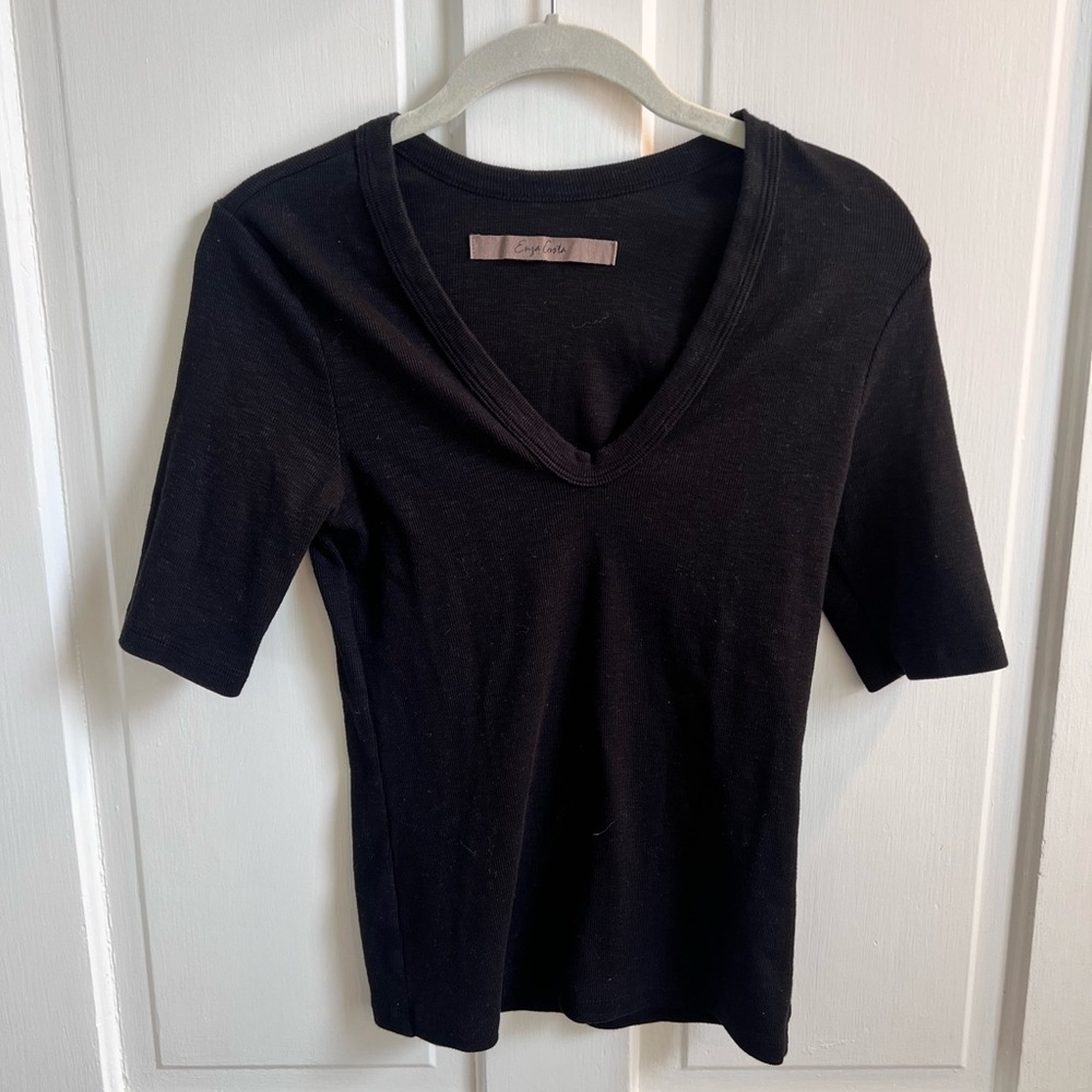Enza Costa Black V-Neck Elbow Sleeve Tee
